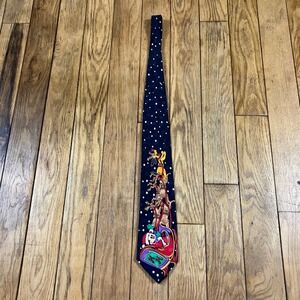 Vintage 90s Disney Store Mickey Mouse Santa Reindeer Silk‎ Christmas Tie Navy